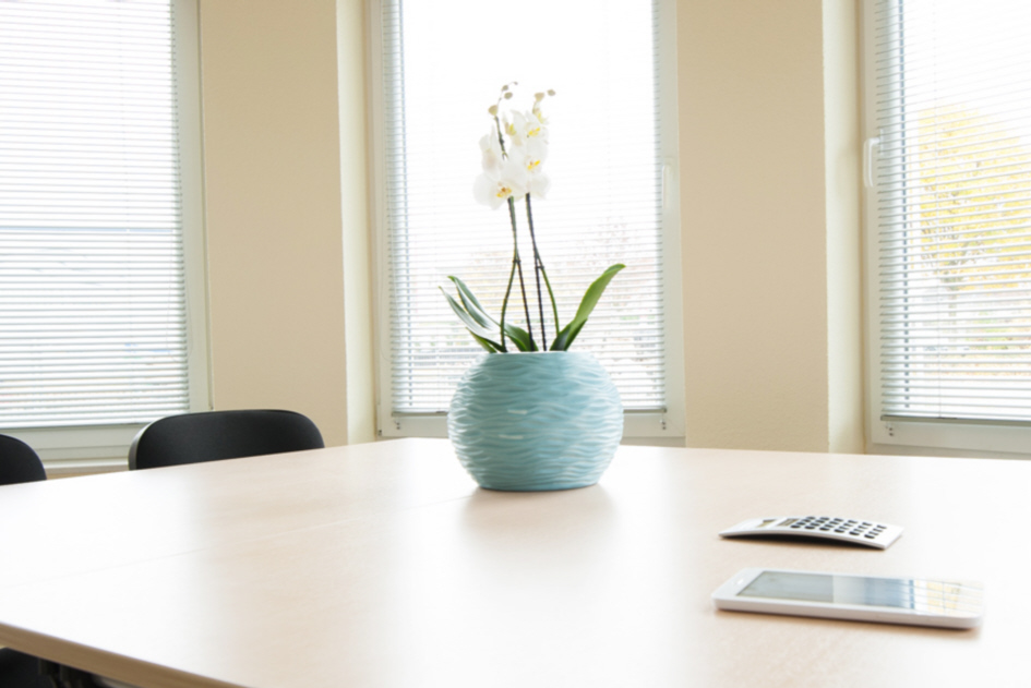 Betriebswirtschaftliche Beratung Heller Besprechungsraum mit einer hellgrünen Vase auf dem Tisch